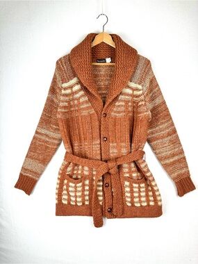 Trumpeter Shetland Wool Shawl Collar Cardigan Sweater With Tie Plaid Chunky